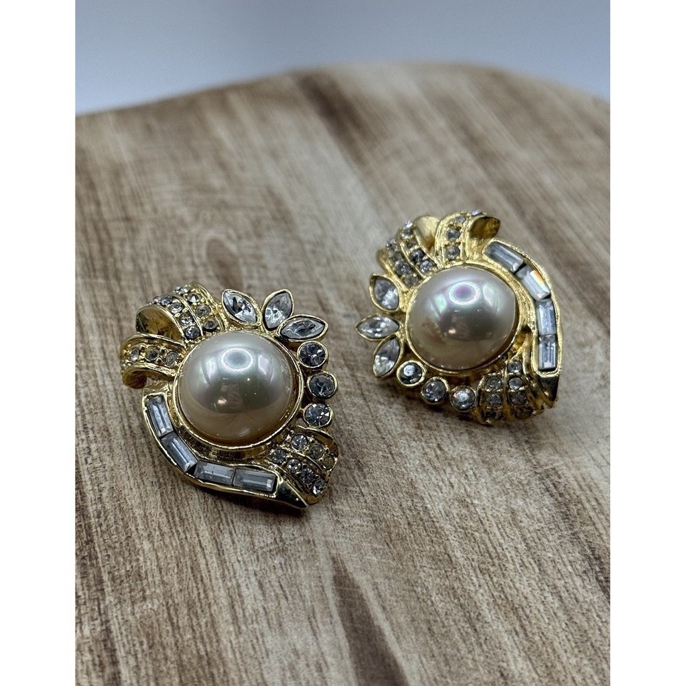 Vintage Gold Tone Faux‎ Pearl Rhinestone Statement Earrings Chunky Glam Retro